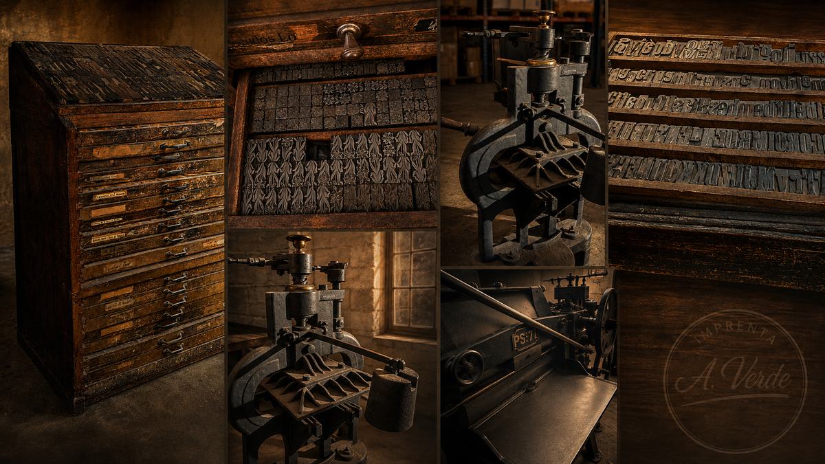 Composición con el chibalete, las cajas de tipos, los tipos de madera, la prensa manual y la guillotina de Imprenta A. Verde