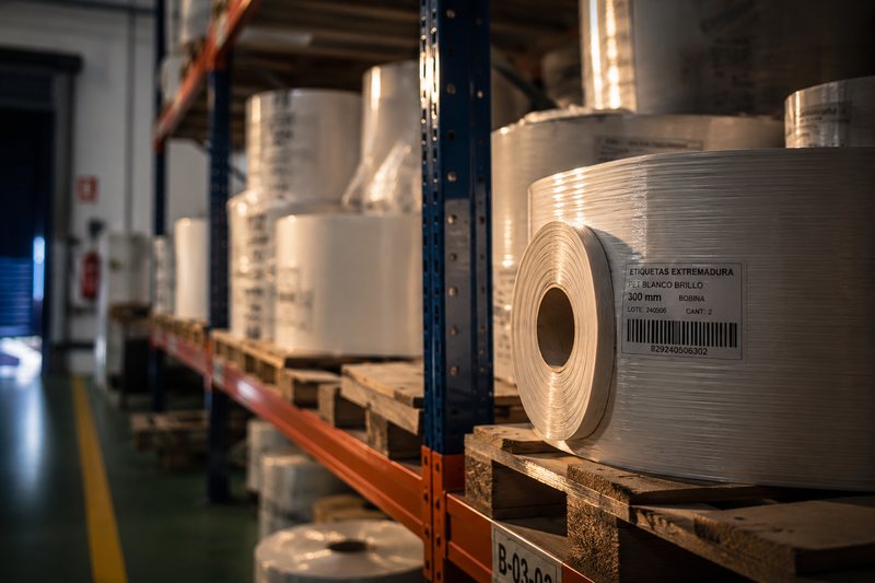 Estantería del almacén con bobinas de material adhesivo etiquetadas con referencia, medida y lote
