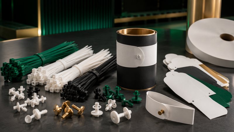 Bridas de plástico en verde, blanco y negro, chinchetas y remaches de sujeción, y vitolas cerradas con remache