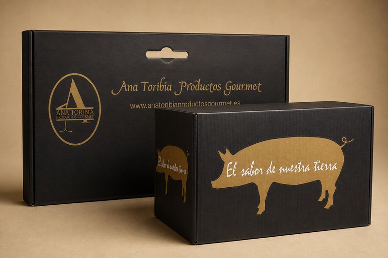 Cajas de cartón personalizadas con impresión en dorado sobre fondo negro