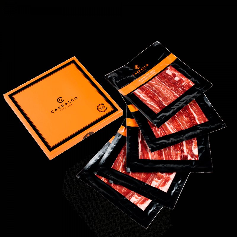 Estuche de presentación con varios sobres de loncheado ibérico y estampación metálica