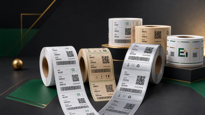 Rollos de etiquetas con referencia, lote, número de serie, código de barras y código QR sobre distintos materiales