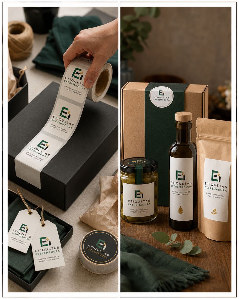 Botella de aceite y envases gourmet con etiquetas y colgantes impresos