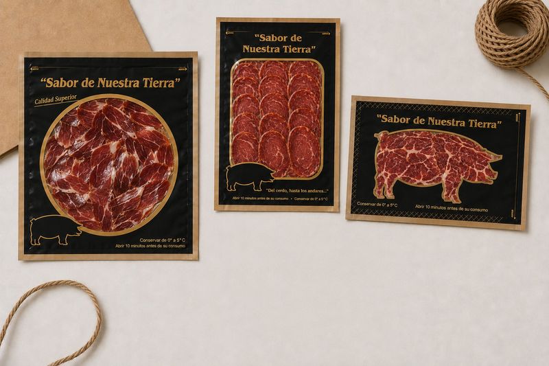 Envases kraft de producto loncheado con etiquetas impresas de aire artesano