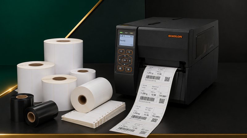 Impresora térmica Bixolon imprimiendo etiquetas de peso y precio, junto a rollos de etiquetas y bobinas de ribbon