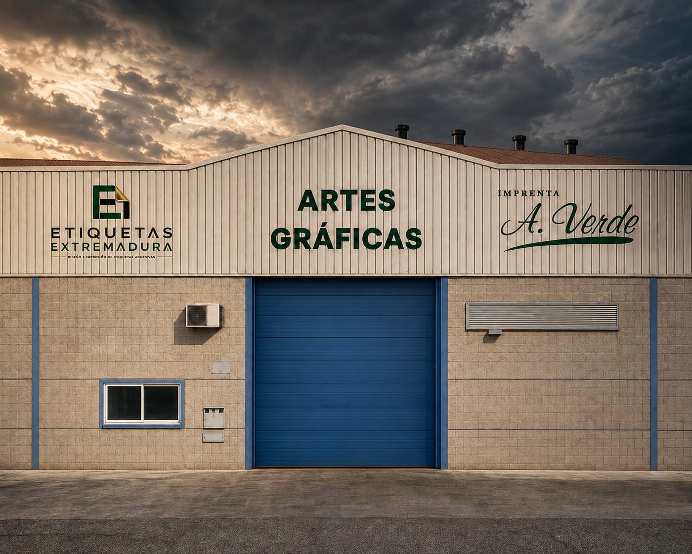Fachada de las instalaciones de Etiquetas Extremadura e Imprenta A. Verde en el Polígono Industrial Frexnense