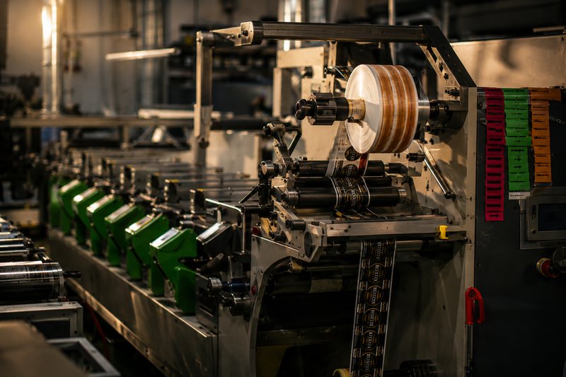 Cuerpos de impresión de la máquina flexográfica con la banda de etiquetas impresas pasando entre los rodillos y la bobina rebobinada