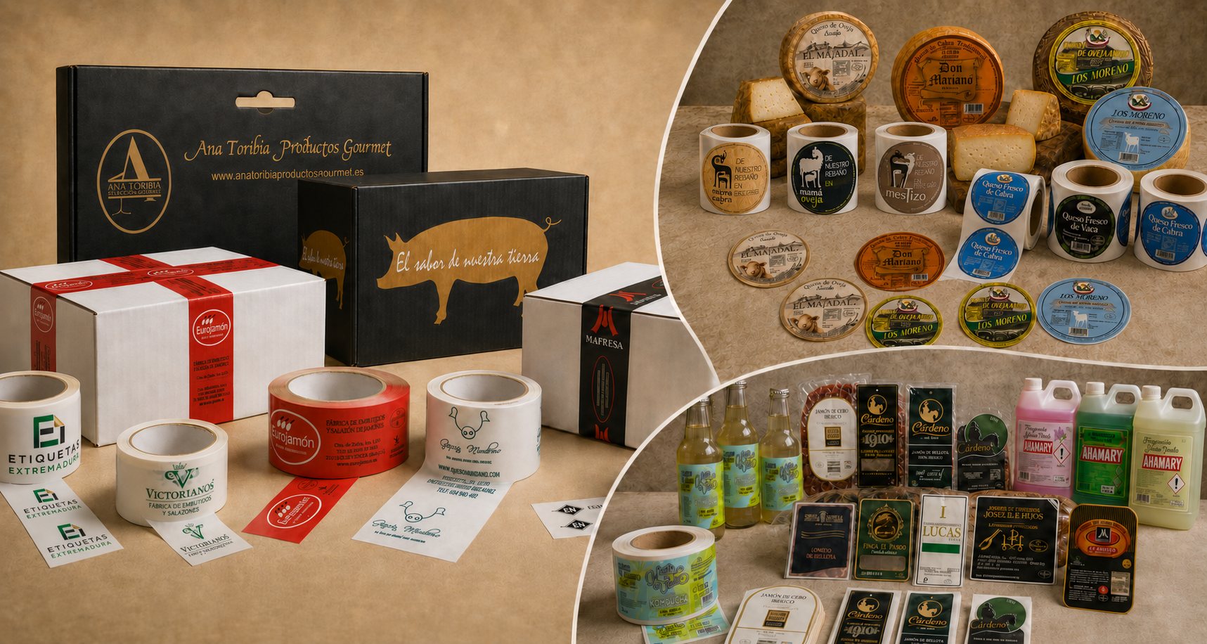 Cajas y estuches personalizados, bobinas de cinta impresa, etiquetas de quesos y productos envasados de distintos sectores
