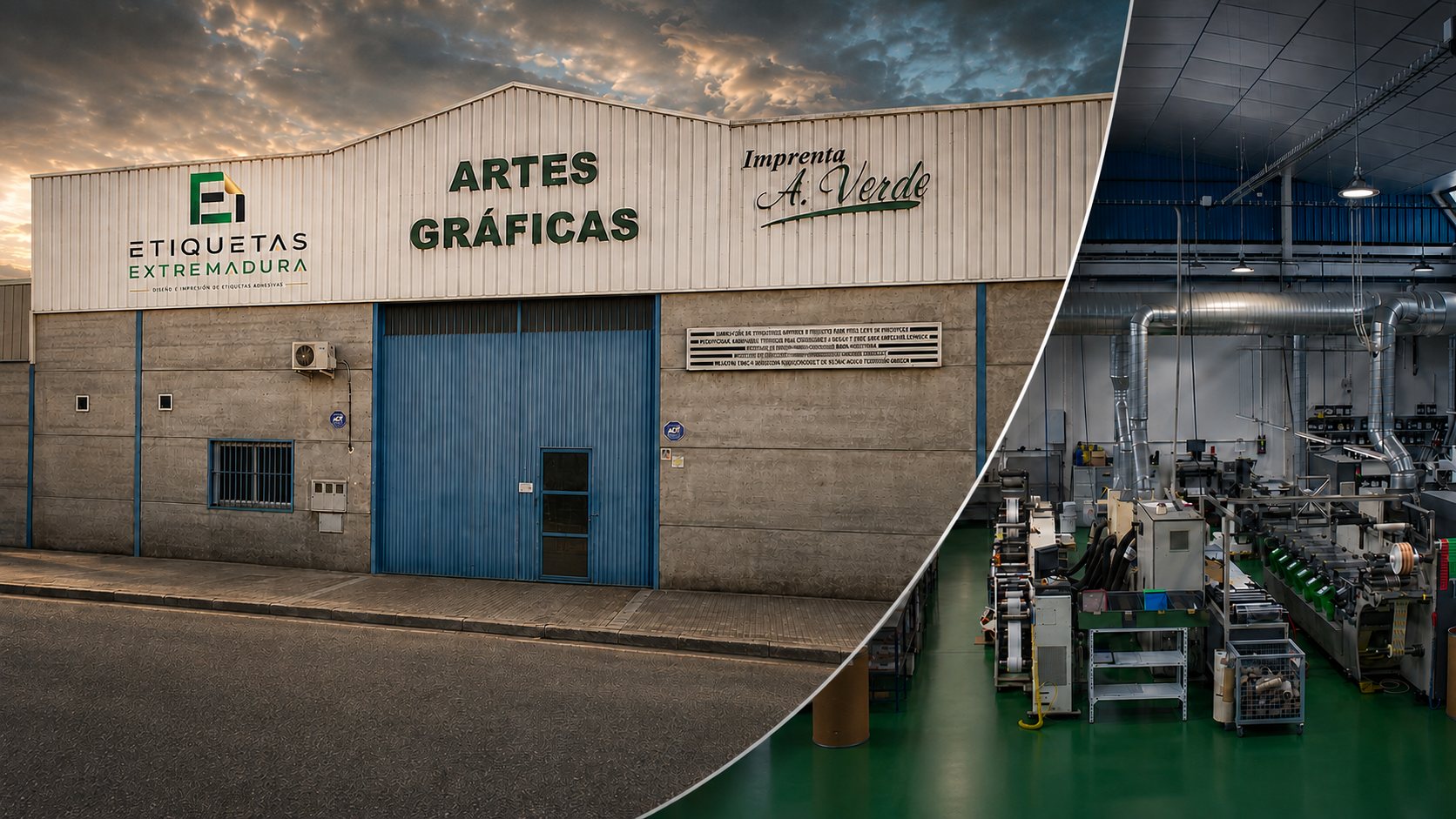 Fachada de las instalaciones con los rótulos de Etiquetas Extremadura, Artes Gráficas e Imprenta A. Verde, y la planta de impresión al fondo