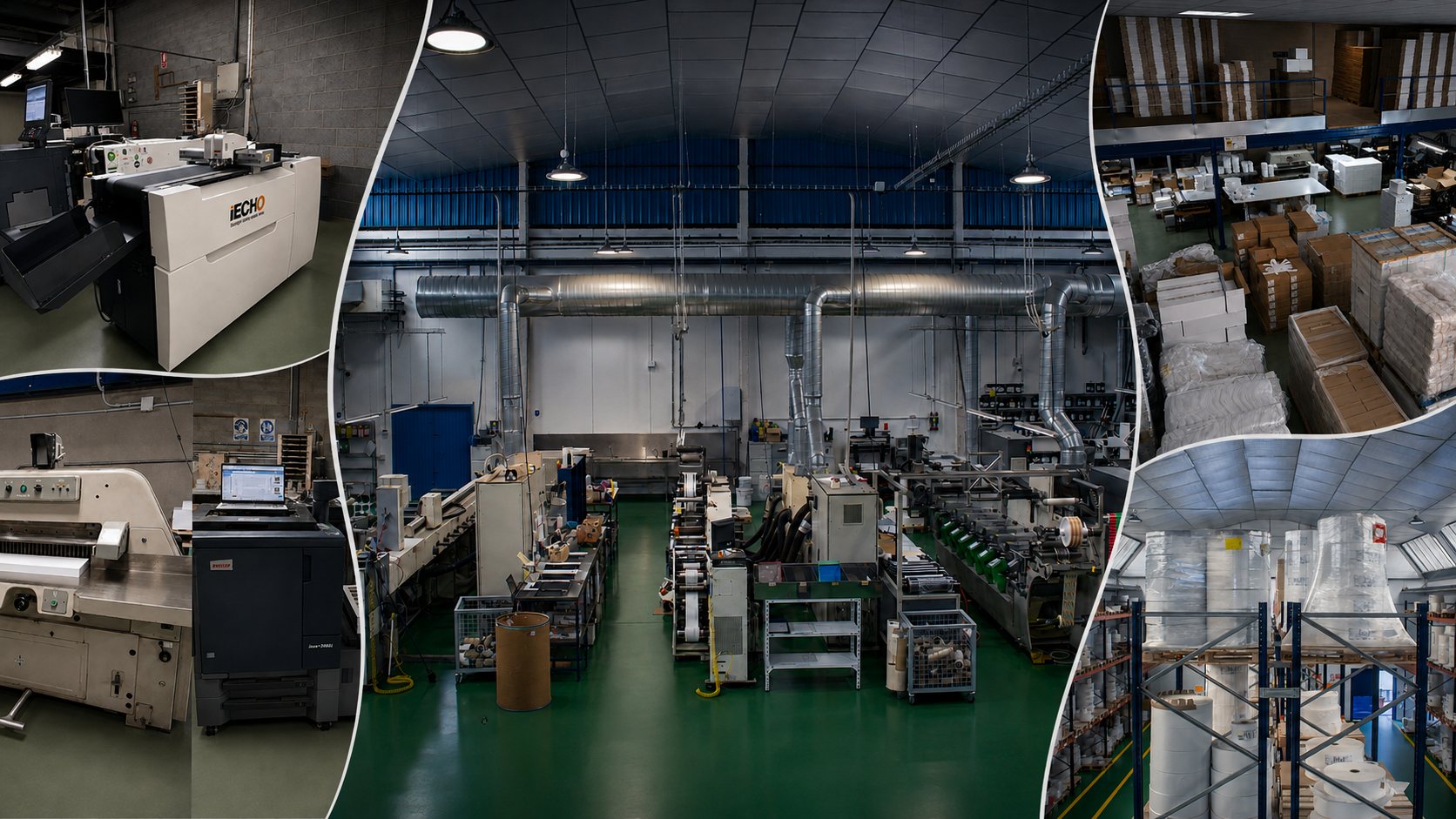 Composición de cuatro vistas de las instalaciones: troqueladora digital iECHO, guillotina y equipo de impresión digital, la nave de impresión flexográfica y el almacén de bobinas, cajas y materiales