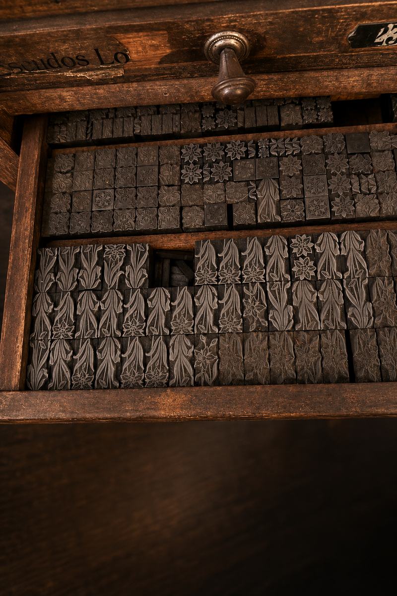 Caja tipográfica abierta con tipos de plomo y viñetas ornamentales ordenados por cajetines