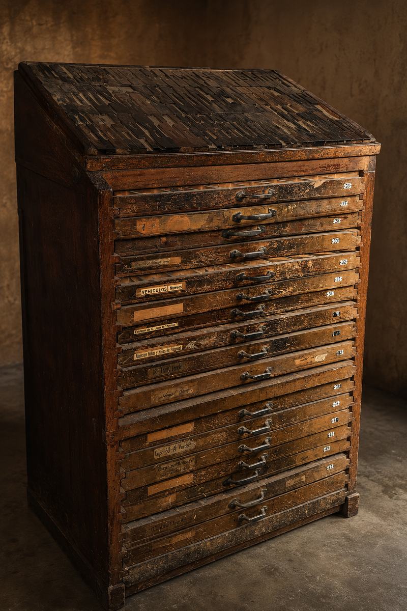 Chibalete de madera cerrado, con varias cajas tipográficas apiladas sobre la tapa