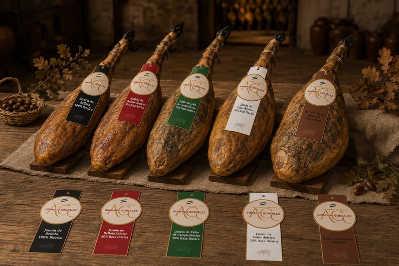 Jamones ibéricos colgados con vitolas de identificación por gama