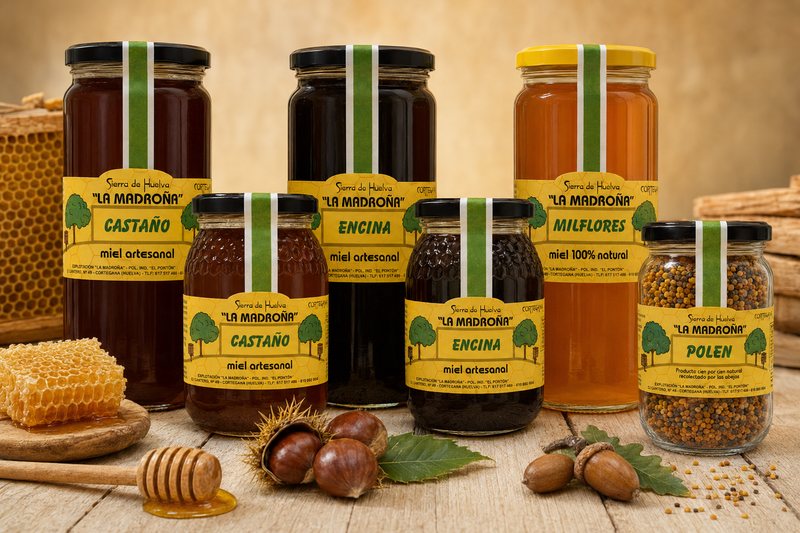 Gama de tarros de miel de castaño, encina y milflores y polen, con sus etiquetas amarillas