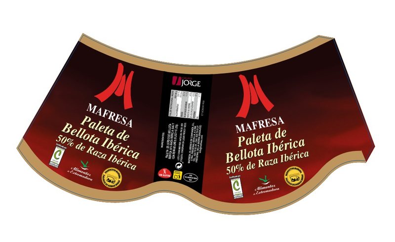 Detalle de una vitola de jamón de bellota ibérico con la información técnica y los sellos