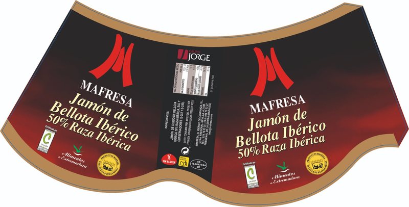 Vitola impresa para jamón de bellota ibérico, con fondo oscuro y detalles dorados