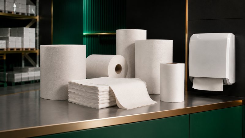 Bobinas de papel industrial de distintos formatos, papel plegado y dispensador mural de pared