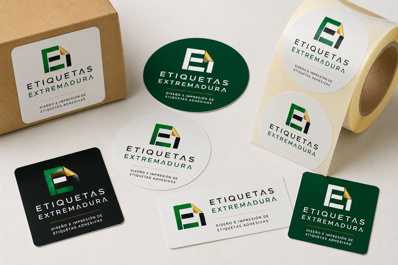 Pegatinas de varias formas y bobina de etiquetas circulares sobre caja kraft