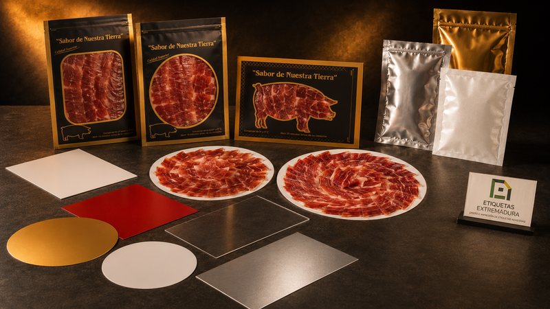 Bandejas rectangulares y platos redondos en blanco, oro, rojo, plata y transparente junto a bolsas impresas y metalizadas para loncheado