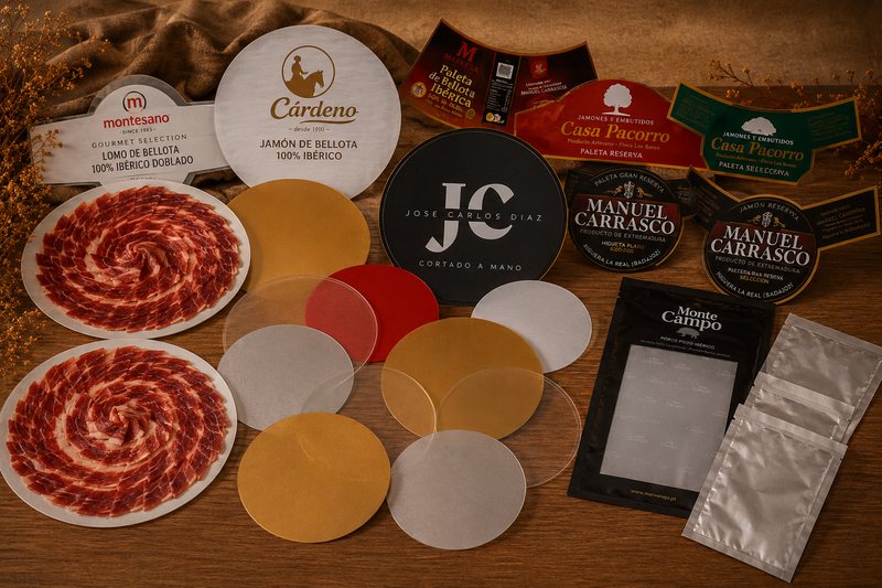 Platos y discos de distintos acabados junto a etiquetas y vitolas impresas para jamones y paletas ibéricas