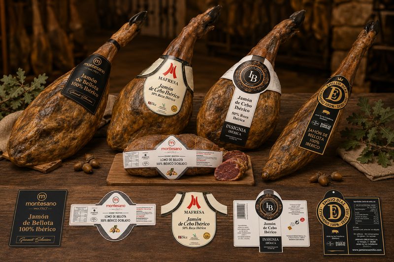 Jamones y paletas ibéricas presentados con sus vitolas impresas